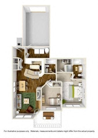Floor plan for 2 beds, 2 baths, 1073 sqft